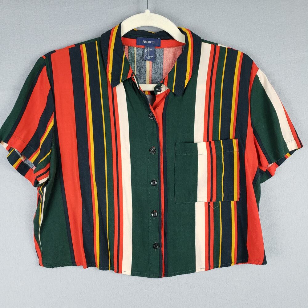 Forever 21 Size M Boxy Crop Top‎ Retro Stripe Bowling Shirt Heart Keyhole Back